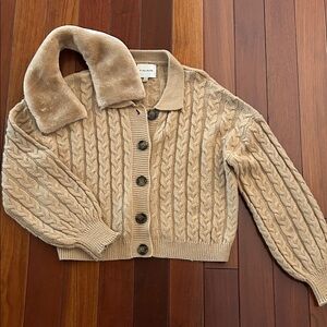 Camel Cable Knit Cardigan with removable Faux Fur Collar, M